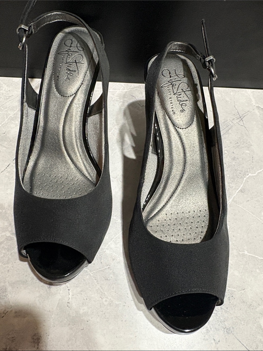 Life Stride Black Peep-Toe Slingback Heels NWOT